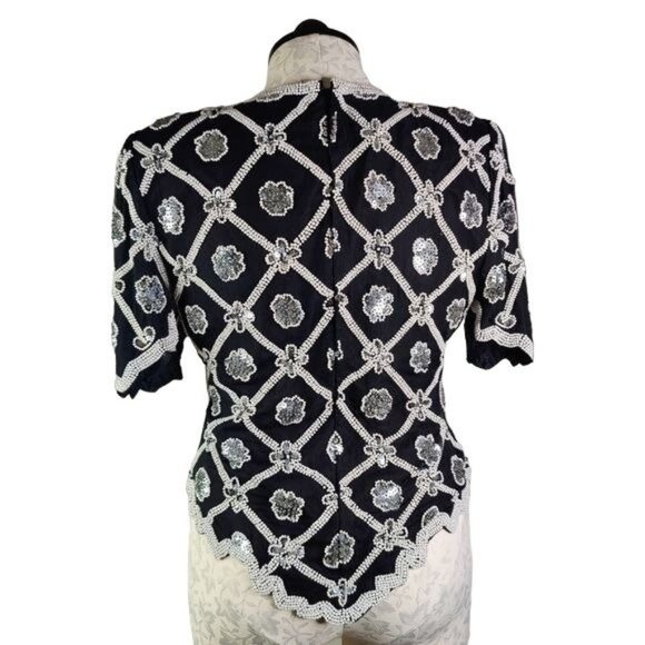 VTG Pearl Beaded Sequenced Lawrence Kazar Black Short Sleeve Formal SILK Top - Picture 4 of 10